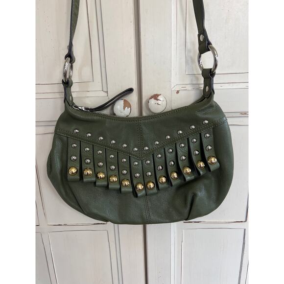 B. Makowsky Olive green leather shoulder bag with gold & silver bling - Picture 1 of 5